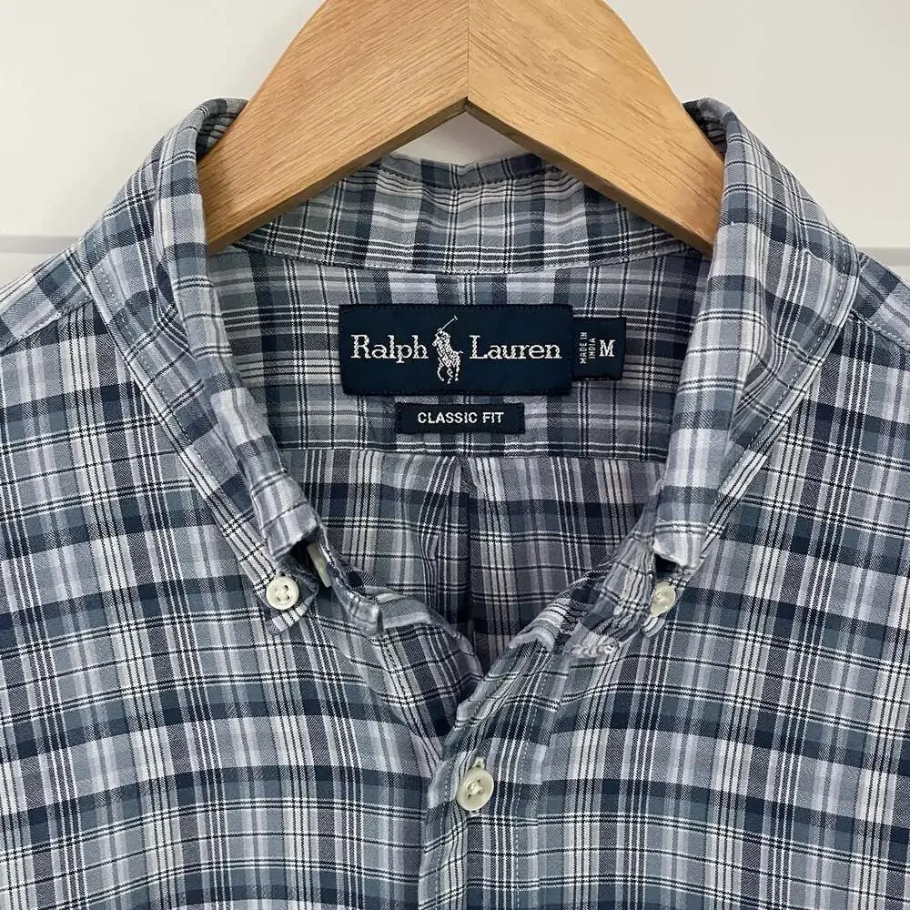 Ralph Lauren Polo Logo Classic Fit Mens M Short Sleeve Blue Plaid Button Down